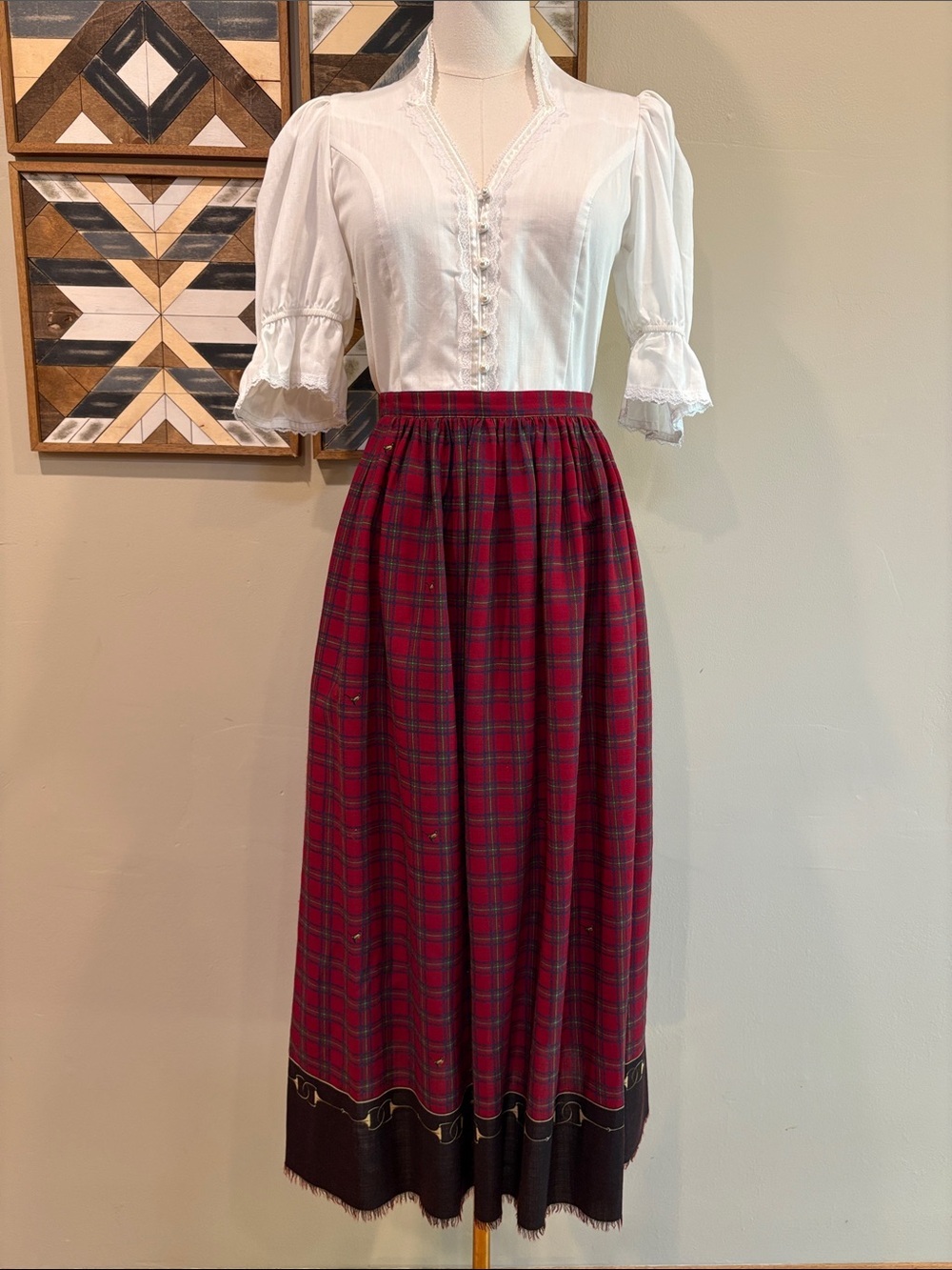 Vintage Ralph Lauren Red Plaid Wool Pheasant Equestrian Maxi Skirt Medium 12